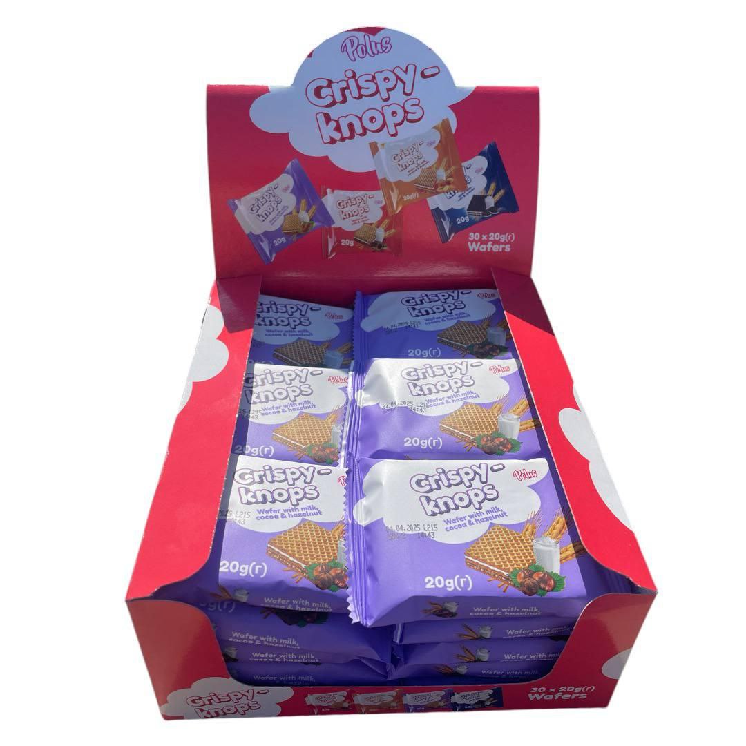 Вафлі POLUS Crispy-Knops з молочною та праліновою начинками та фундуком 20г (ящик 36 шт)